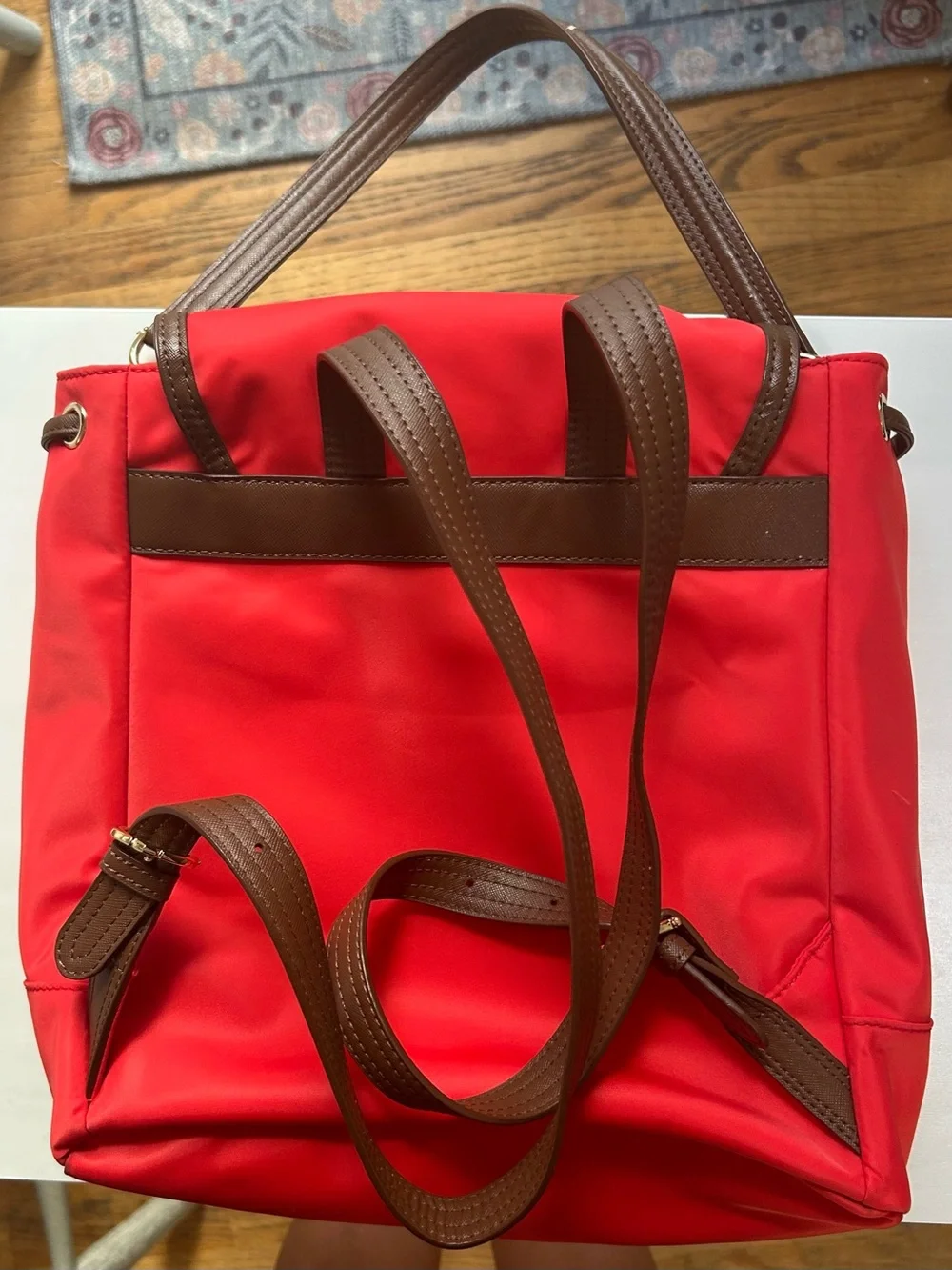 Red Backpack with Brown Trim and Gold Accent - Women's Casual Backpack